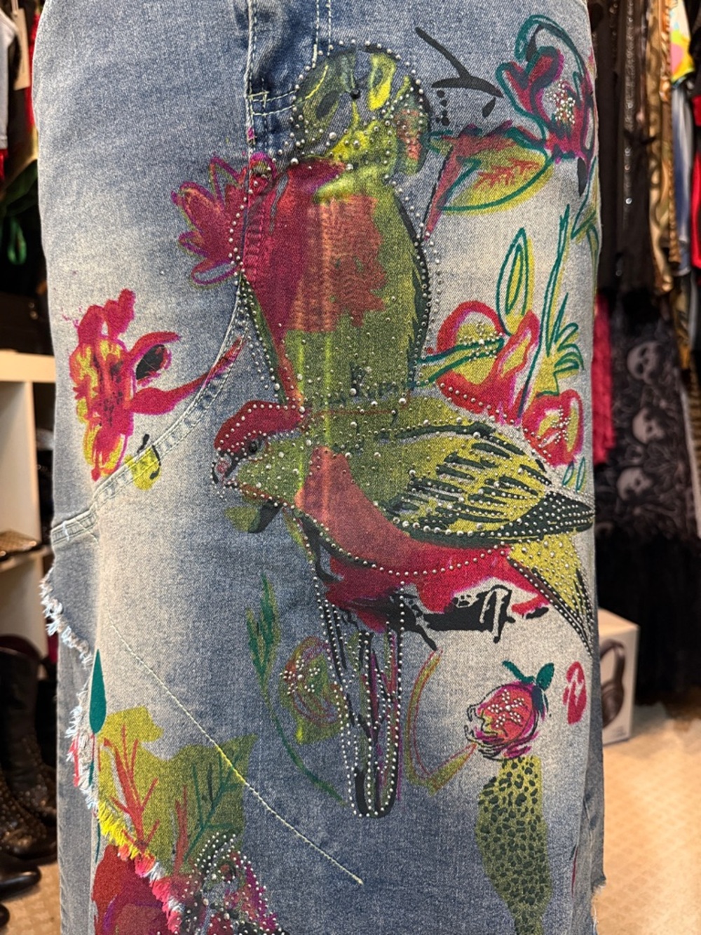 Asymmetrical Floral Bird Print Denim Skirt - Picture 3 of 6